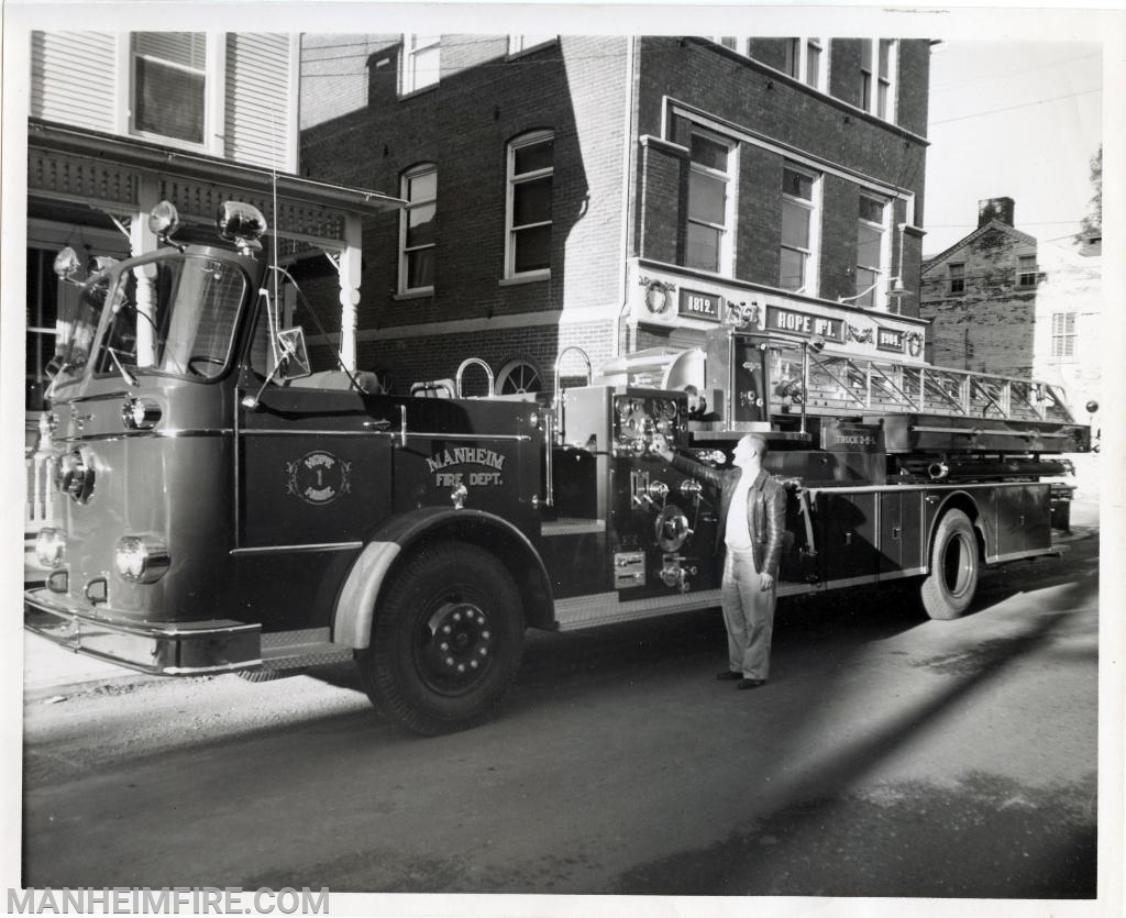 1959 Seagrave Quint, combination pumper and 85 ft. aerial ladder. Paid $42,319. 750 gpm pump, 250 gallon water tank. 1st cab-ahead engine in eastern US. Placed into service in 1960. Gas engine converted to Detroit Diesel in February 1976. Sold in 1987 to Jon's Used Fire Equipment for $30,000.